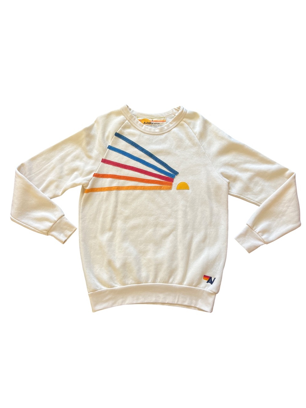 Aviator Nation Cream Crewneck with Blue, Red, Orange and Yellow Sun Stripes